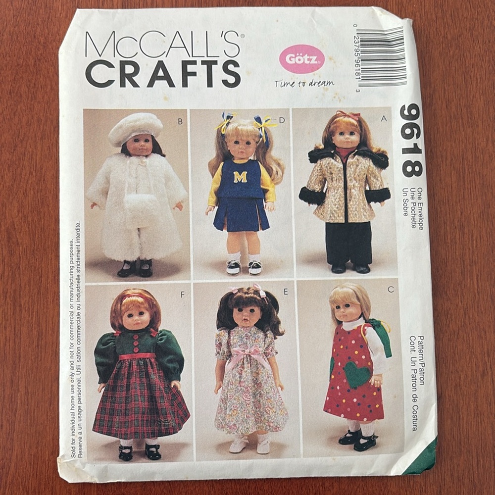McCall's 9618 Crafts Sewing Pattern 18" Doll Clothes - NEW, Uncut Sewing Pattern